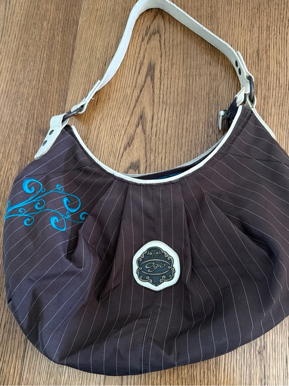 OGIO Brown Pinstripe Hobo Bag with White Trim Vintage